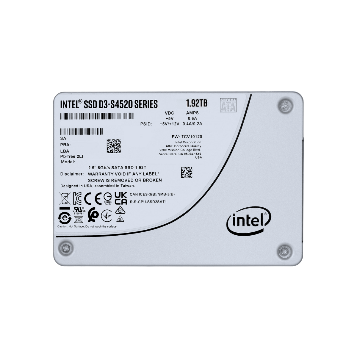 Intel 1.92TB Solid State Drive 2.5" Internal SATA 6Gb/s 3D D3-S4520